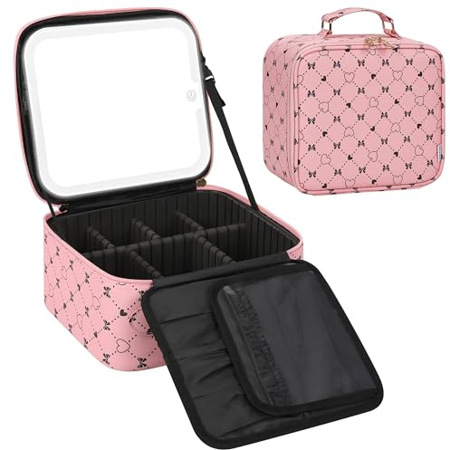 Travel Makeup Bag with LED Mirror, Compact Cosmetic Organizer Storage with Brush Compartment, 3 Colors in Adjustable Brightness, Adjustable Dividers, Make Up Train Case - Pink Bowknot