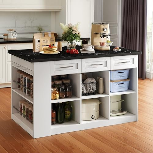 Cayipng Isla de Cocina Extensible, Armario Multifuncional con encimera, Mesa de Comedor de Madera Jaspeada, armarios Integrados, Mesa de Bar, 150 * 96cm, Blanco