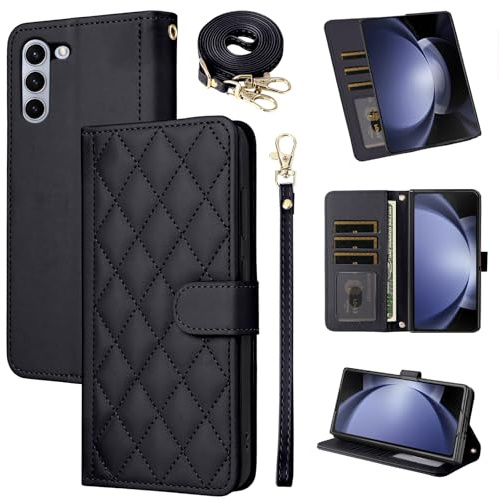 ELISORLI Handyhülle für Samsung Galaxy Z Fold 5 Hülle mit Band Kartenfach Klappbar Geldbörse Ständer Leder Dünn Slim Wallet Handykette ZFold5 Z5 Fold5 5G Handy Hüllen Schutzhülle Phone Case Schwarz