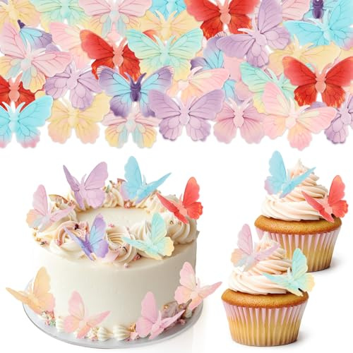 Hanqing 72 Pcs Edible Butterfly Cupcake Toppers, 3D Multicoloured Glutinous Paper Butterflies Cupcake Decorations, Butterfly Cake Toppers Paper for Girls Women's Birthday Party, Cake Decorations