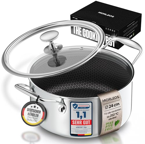 MORLEOS Schmortopf kratzfeste Antihaft-Waben-Keramikbeschichtung - 4,7 Liter, Ø 24×12 cm, 2,5 kg - modernen flachen Glasdeckel energiesparender 5-Schicht-Kochtopf - induktionsgeeignet