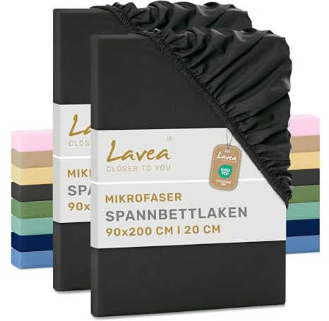 Lavea® Spannbettlaken 90x200 cm aus Mikrofaser, Bettlaken mit Rundumgummi, für Matratzen bis 35 cm, atmungsaktiv und kühlend, pflegeleicht, Spannbetttücher, 2er Set, Anthrazit