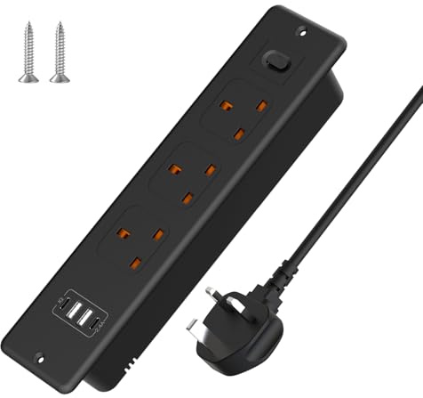 HITRENDS Recessed Power Strip with USB, Recessed Power Socket with 3 Outlets 2 USB A 2 USB-C Ports, 1.8M Extension Lead with Switch, Hidden in the Furniture Desk Table, Black