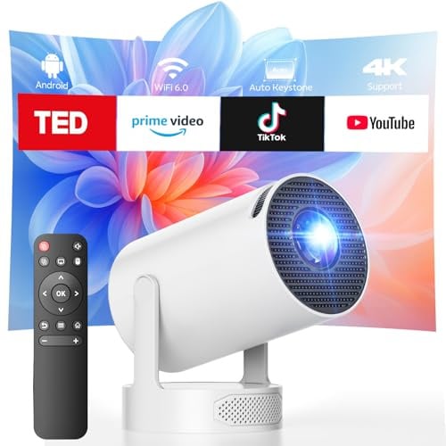 Videoproiettore Breve Distanza, Mini Proiettore Supporto 1080p 4K Android TV 11 WiFi 6 Bluetooth, 220° Rotazione, Auto Keystone, Proiettore Piccola Stanza Cinema Casa Cellulare