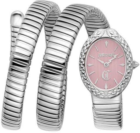 Just Cavalli Signature Snake Sognia - Damen-Armbanduhr Quarz Mode Armband und Gehäuse aus Edelstahl Farbe Grau Zifferblatt Analog Rosa - JC1L391M0015