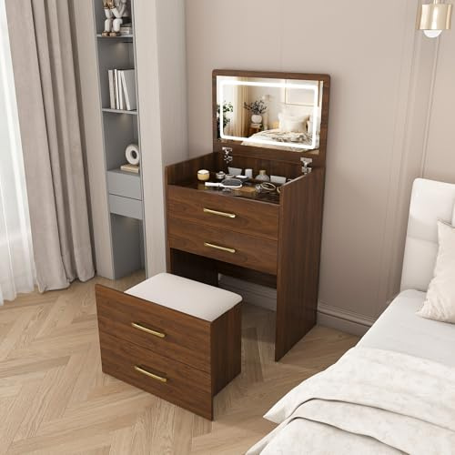 LULUWA Tocador 3 en 1 con espejo abierto, pequeño juego de tocador con tablero de cristal transparente, tocador compacto con 3 cajones para dormitorio. Dimensiones: B60/H118/T40 cm (nogal)