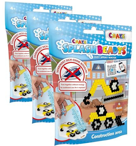 Craze Splash BEADYS Steckperlen Construction Starter Pack Bügelperlen ohne Bügeln Perlen zum Basteln Baustelle Motive Wasserperlen für Kinder ungiftig 26021, Klein (Packung mit 3)