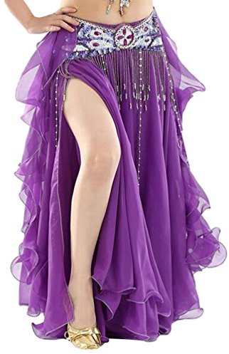 YuanDian Donne Tinta Unita Danza del Ventre Vestito Costume High Aprire Doppia Fessura Gonna Professionali Abbigliamento Danza Moderna Viola Scuro (Non Include Cintura)