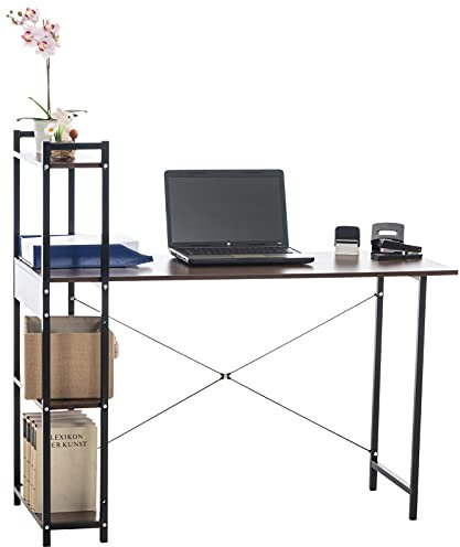 CLP Escritorio PoE De Madera con Estantería Lateral Movible I Mesa De Estudio con Estructura Metálica & 4 Estantes, Color:Nuez