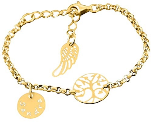 Bettelarmband gold mit Gravur für Mutter Armband zur Geburt mit Namen und Lebensbaum zartes Armkettchen Mama Flügel Engel vergoldeter Schmuck | HANDMADE IN GERMANY