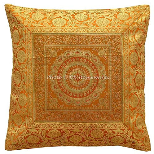 DK Homewares Indisch Sofa Kissenbezug 40x40 cm Brokat Gold Jacquard Weben Kissenbezüge Indisch Reißverschluss Mandala Bohemien Quadrat Zierkissenhülle - 1 Stück (nur Bezug)