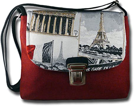 Handtasche klein Stoff MYLULABAG Schultertasche Damen zum umhängen retro Eiffelturm schwarz weiss rot PARIS A