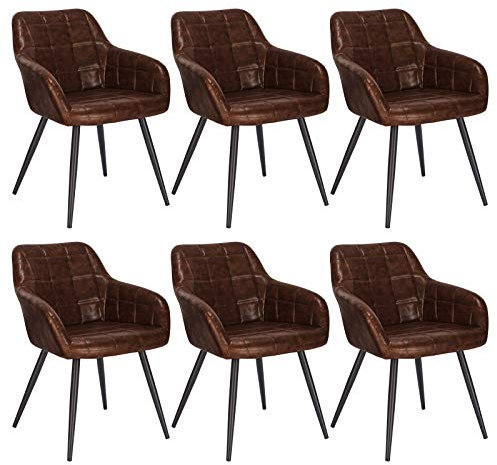 WOLTU 6 x Esszimmerstühle 6er Set Esszimmerstuhl Küchenstuhl Polsterstuhl Design Stuhl mit Armlehnen, mit Sitzfläche aus Kunstleder, Gestell aus Metall, Antiklederoptik, Dunkelbraun, BH245dbr-6