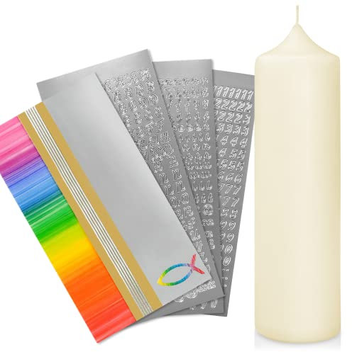 WIKAKERZEN Taufkerze selber Machen Set mit Kerzen-Rohling Buchstaben und Wachsplatten mit Wachsmotiven | Jetzt Größe und Farben Wählen (Kerze 25x7 cm | Creme, Regenbogen Gold | Silber mit Fisch)