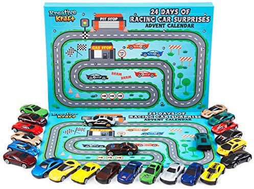 KreativeKraft Adventskalender 2025 Kinder mit 24 Überraschungen Weihnachtskalender Spielzeug Auto oder Baufahrzeuge Geschenk für Kinder (Racing Cars)