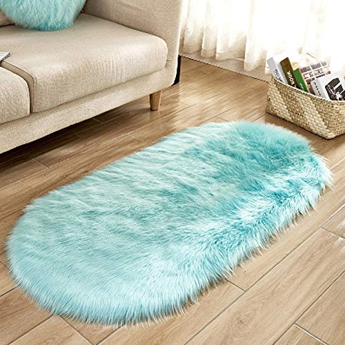YAOTT Shaggy Lammfellimitat Teppich Oval, Warme Kunstpelz-Haushaltspelz-Teppiche, rutschfeste Langhaarige Fellteppich für Schlafzimmer Wohnzimmer Kinderzimmer Stuhl Sofa Hellblau 90X150CM