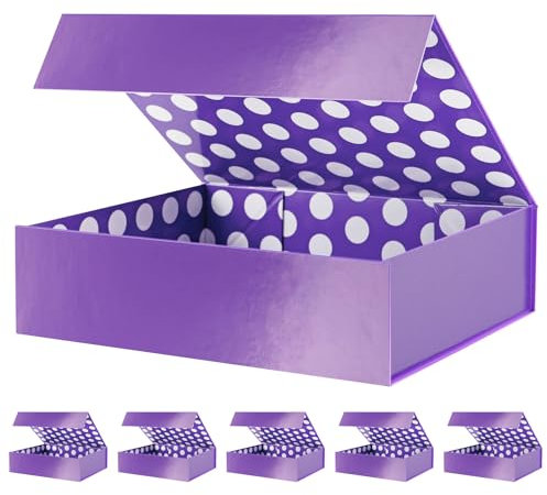 GREEN BEAN 6 Geschenkboxen 33 x 24 x 8,6 cm, große lila Geschenkboxen mit Deckel für Geschenke, magnetische Geschenkboxen für Kleidung, Hemd-Geschenkboxen (glänzendes Metallic-Lila, Punkt-Design innen