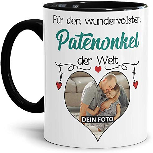 Tasse mit Spruch - Wundervollster Patenonkel der Welt - personalisiert mit Wunschfoto - Geschenkidee für den Patenonkel - Innen & Henkel Schwarz, 300 ml