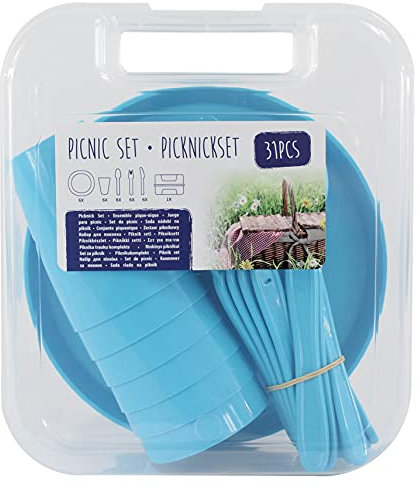Picknick Set 31 teilig Besteckset Becher Teller Messer Gabel Löffel Transportbox Picknickset Besteck Outdoor (blau)