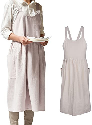 Small snail Schürzen Damen Weich Baumwolle Küche Kochen Schürze mit Taschen Japanischer Stil Kreuz Zurück Kochschürze Literatur Kunst Baggy Casual Latzschürze für Gartenarbeit Blumenladen Beige