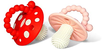 RaZbaby Beißring für Säuglinge und Babys, 3 Monate + Beißring Spielzeug mit Massageborsten zur Linderung des Zahnens, Beruhigt schmerzendes Zahnfleisch Rot/Rosa