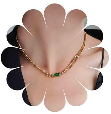 Allereya Vintage Geschichtet Smaragd Anhänger Halskette Quadratisch Grün Edelstein Halskette Grün Smaragd Choker Halskette Gold Kandare Kette Halskette Schmuck Für Frauen Und Mädchen