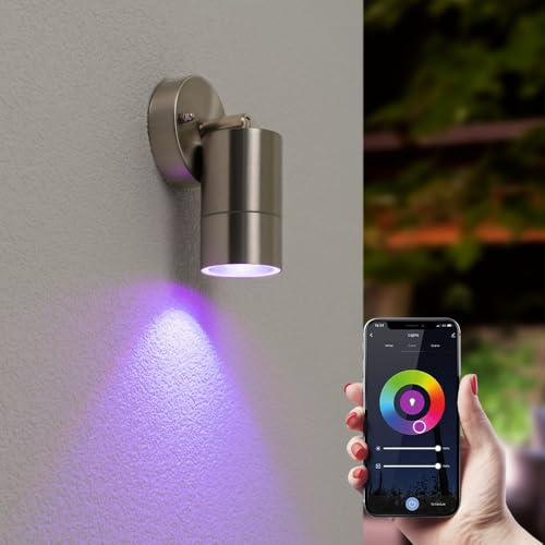 HOFTRONIC - Lago - Smart Home Wandleuchte Edelstahl - Schwenkbar - GU10 WiFi + Bluetooth - Farbig RGBWW - IP44 Wasserdicht für außen, innen und bad - Wandlampe Downlight