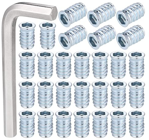 Zocipro écrous à visser en bois, 60Pcs M10 x 25 - Douille filetée - Manchons à visser avec bord de recouvrement - Empiècement fileté - 1 clé hexagonale, insert fileté en acier galvanisé