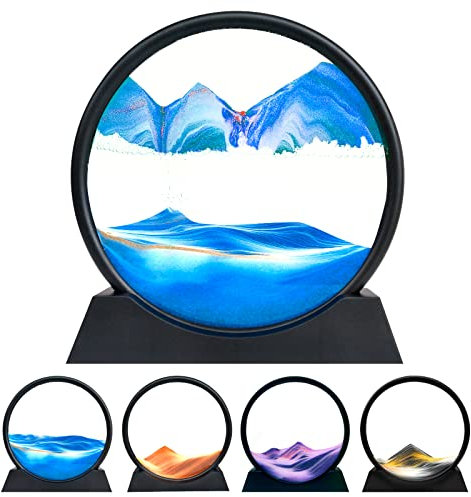 Sandbilder Zum Drehen,3D Sandbild mit Kunststoffsockel Sandbilder fließender Sanduhr Aesthetic Dynamisches Sandkunstbild für Wohnzimmer Büro Arbeitstisch Sand Art Blau Sandscape 12 Sandlandschaft