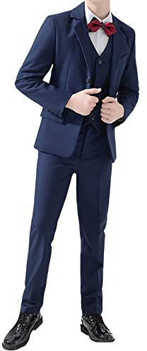 5 st pojkars kostymset, kavaj + byxor + väst + skjorta + fjärilsknut, barn smoking kostym liten pojke gentleman outfit bröllop fest dopkläder, Färg: blå, 11-12 ans