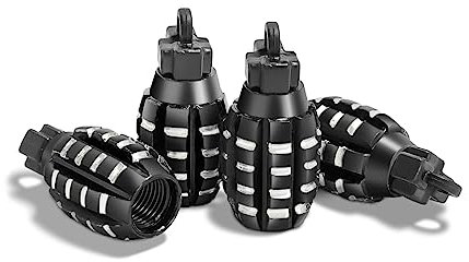 CGEAMDY 4 Stück Ventilkappen in Granatenform, Handgranaten-Stil Aluminium Auto Rreifen Ventilkappen, Handgranate Style Reifen Ventilkappen Für Auto Motorrad (Schwarz)