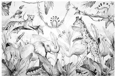 Bilderwelten Fototapete Kinderzimmer Aquarell Afrika Tiere Schwarz Weiß 290x432 cm Vlies-Tapete XXL Smart Wandtapete Wanddekoration Kinder