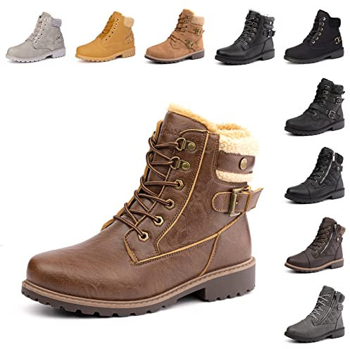 Hitmars Stivaletti Donna Invernali Stivali Scarpe Neve Bassi con Pelliccia Scarponcini Comode Stringati 3 Marrone-Scuro EU 39