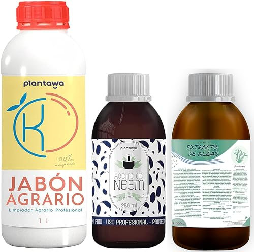 Pack d'économie de savon potassique 1 L + huile de Neem 250 ml + algues marines 250 ml 100 % naturel protection verger, durable, booster de croissance, mouche blanche, araignée rouge, puceron,