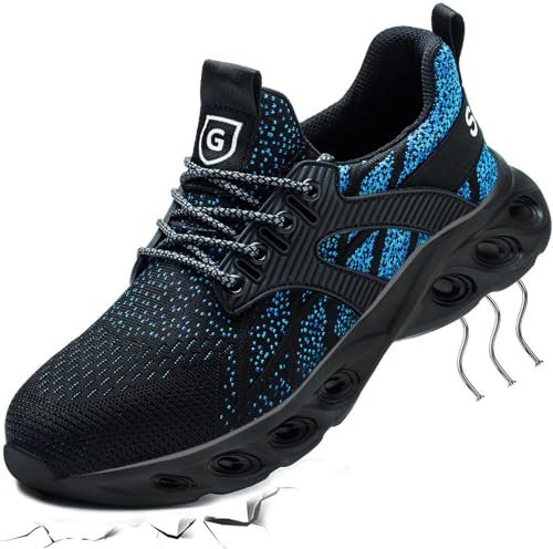 Zapatillas Seguridad Hombre Ligeros Zapatos de Seguridad con Punta de Acero Anti-aplastamiento Calzado de Seguridad Transpirable Antideslizante Zapatillas Deportivas Negro Azul 44 EU