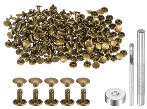 QUARKZMAN Leder Nieten 100 Set Metallniete Doppelkappe 8mm x 8mm Röhrenförmige Hohlnieten Lochzange mit 3 Werkzeug Nietenzange für DIY Handwerk Gürtel Reperatur Dekoration, Bronze