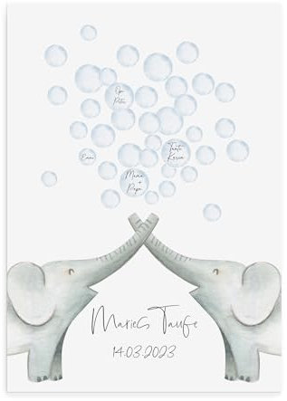 Gästeposter PERSONALISIERT mit Namen und Datum als Geschenk Taufe (Elefanten mit Seifenblasen, DIN A3)