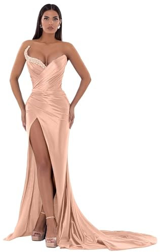 Robe de bal sirène pour femme - Robe de bal longue en satin sans bretelles - Corset plissé avec fente, rose gold, S