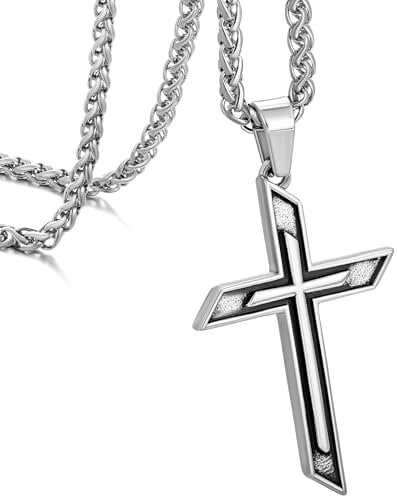 Cross Necklace for Men Gold Rope Chain Stainless Steel Necklace for Mens Silver Chain Mens Gifts for Him Boyfriend Father Vintage Silver, 24'' Wheat Chain
