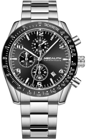 MEGALITH Uhren Herren Analog Edelstahl: Silber Mode Wasserdicht Armbanduhr - Chronograph Uhr Geschenk fur Männer