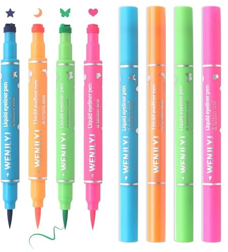 4 Colors Double-headed Liquid Eyeliner Stamp Pen Set, Blue Pink Green Orange Colorful Winged Eye Liners for Women, Waterproof Long-Lasting Butterfly Star Moon Heart Eye Face Makeup