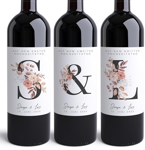 Hochzeitsgeschenk Brautpaar Meilenstein Weinetiketten personalisiert Flaschenetiketten Initialen Hochzeit Geschenk Wein selbstklebende Weinflaschenetiketten Set mit 3 Stk. | 10x12 cm