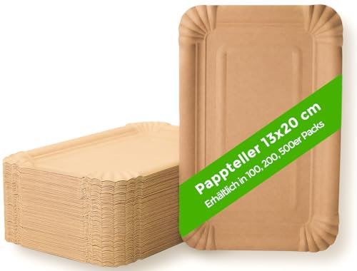 Ecocleo® Eco PAPPTELLER Eckig 13x20 cm kraft braun | 200 Stück | Teller aus Frischfaserkarton | Einwegteller biologisch abbaubar | Öko Papierteller für Grillen Geburtstag und Party