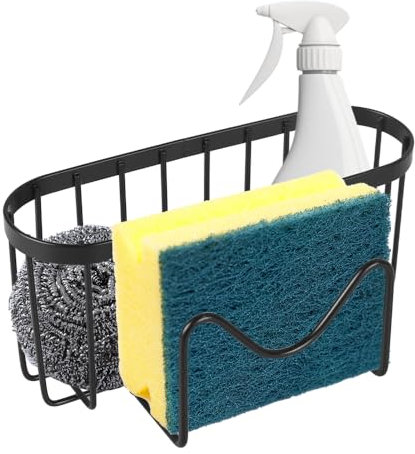 Kitchen Sink Sponge Holder,Stainless Steel Dish Sponge Hanging Caddy with Adhesive Hook & Suction Cups for Dish Basket Brush Kitchen