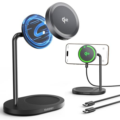 THREEKEY Charging Station, for MagSafe Charger with 180° Rotation, Qi2 15W Fast Charging Pad with Dual-Sided Magnets, Magnetic Wireless Charger Stand for iPhone 16-12 Series/Airpods (TZH103 Black)