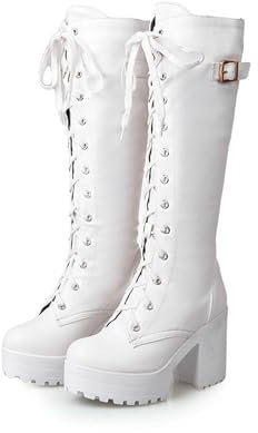 ZZQCCHL Stivali Alti al Ginocchio Lunghi con Piattaforma da Donna Lace Up Stivali Alti equestri Stivali Militari con Tacco a Blocco Medio Basso,Bianca,39 EU
