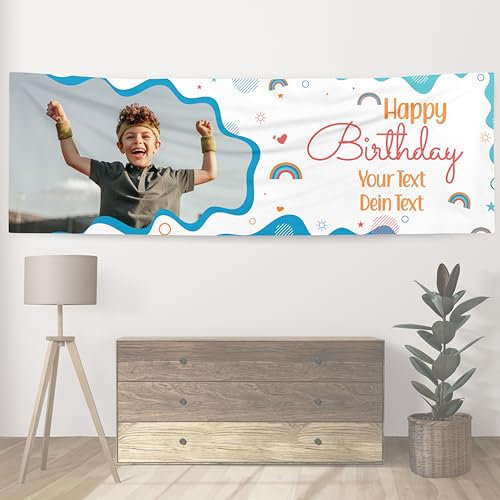 Party Banner Personalisierbar mit Foto und Text Geburtstagsbanner Indoor Groß 300 X 100 CM XXL Format Happy Birthday Geburtstagsposter Deko Motiv Blue with Rainbow