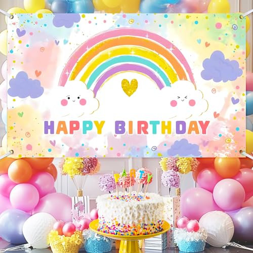 LLOUSSAK Pancarta de feliz cumpleaños, arco iris para niñas, 180 x 110 cm, multicolor, patrón de dibujos animados, ideal para fiestas de cumpleaños y fondo fotográfico