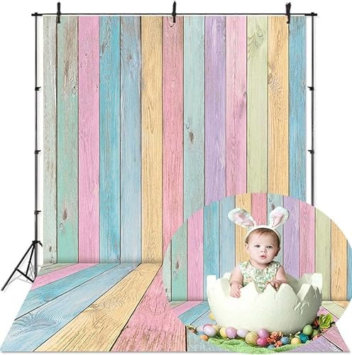 Colorful Wood Photography Backdrop 5x7FT Easter Pastel Rustic Wooden Background Boy Girl Baby Shower Birthday Party Decorations Portrait Photoshoot Studio Props