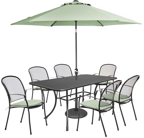 KETTLER Caredo 6 seat Dining Set- 6 - Garden Furniture set includes Table with Chairs and Parasol. Garden Furniture, Outdoor Table and Chairs. Sturdy, Durable, Weather-proof for All Year Round.